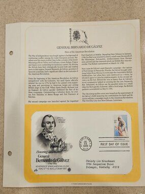RARE COLLECTIBLE USPS 1ST DAY ISSUE GENERAL BERNARDO deGalvez STAMP WAR HERO FDC